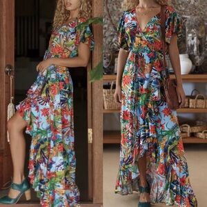 Bali Elf Tropical Floral Maxi Wrap Dress XL Boho Resort